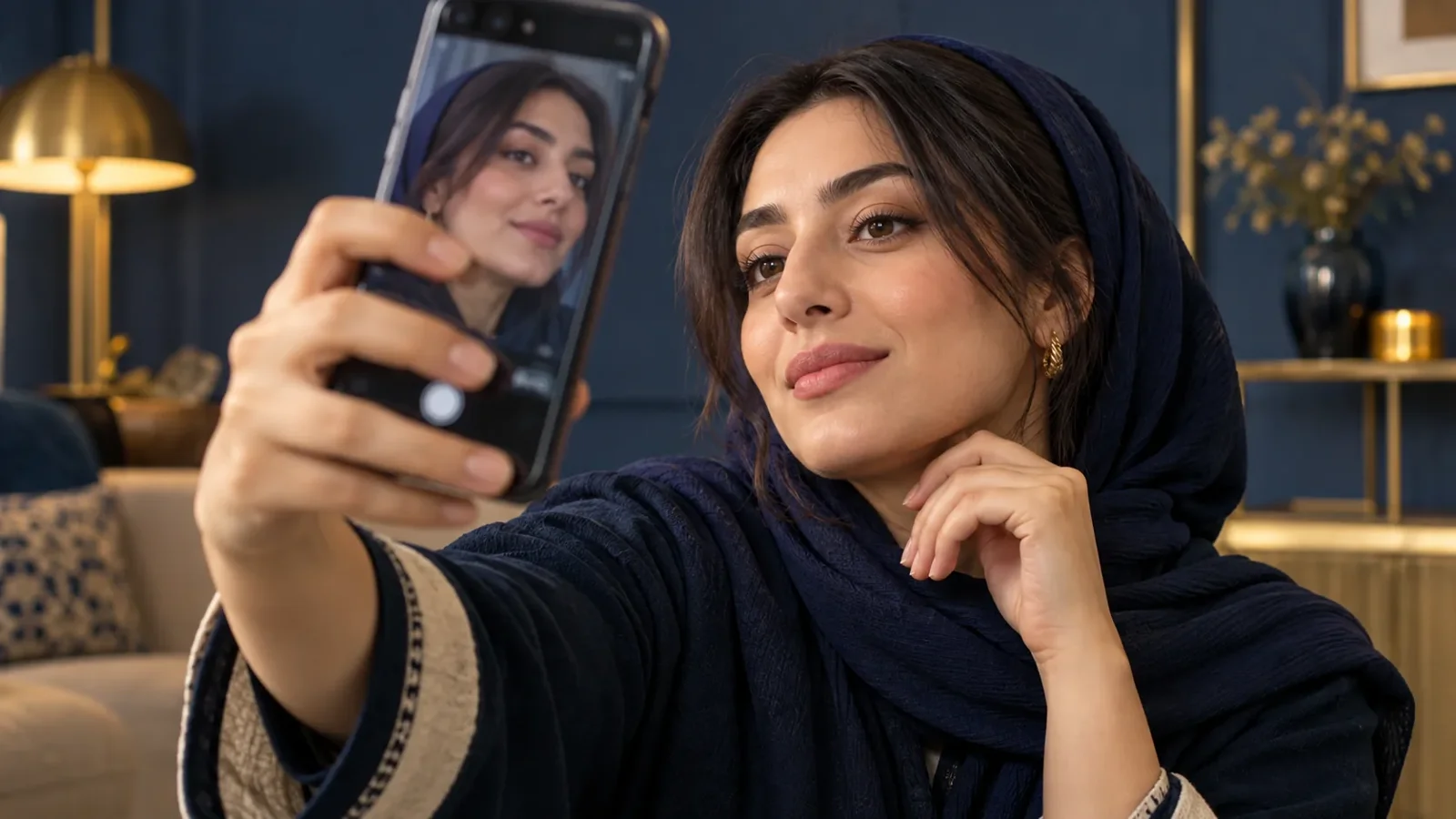 تصویر نمایشیِ فردی خیالی هنگام گرفتن سلفی با تلفن نزدیک به چهره